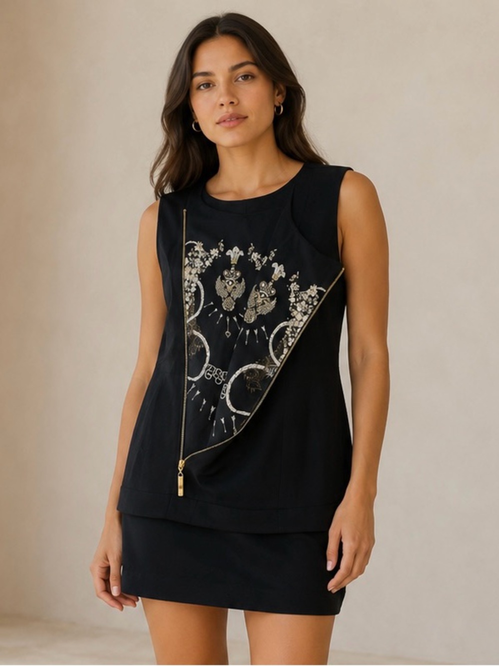 Black Sleeveless Dress with Gold Embellished Panel
